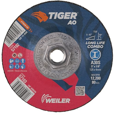 Weiler 57102 5 x 1/8 Tiger Type 27 Cut and Grind Combo Wheel, A30S, 5/8-11 UNC Nut (Pack of 10)