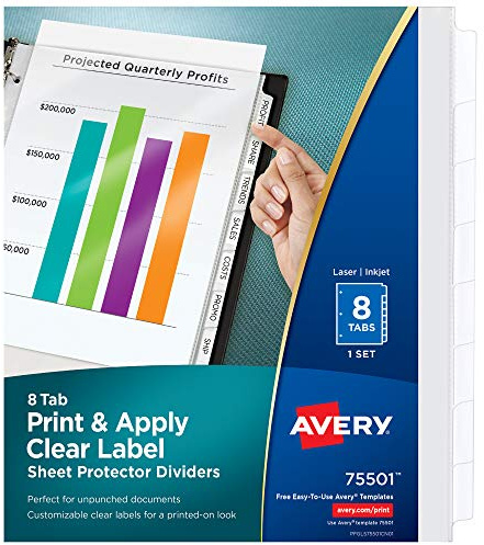 Avery 8-flikars skyddsavdelare, utskrivbara enkla att dra bort tydliga etiketter, indexmakare, vita flikar, 1 set (75501)