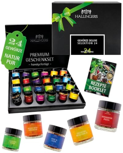 Hallingers Genuss Manufaktur Gewürz Geschenk-Set - 24 Gewürze aus aller Welt in wertiger Geschenkbox mit Rezept-Booklet Deluxe Selektio..., Geschenkidee für Frauen Männer