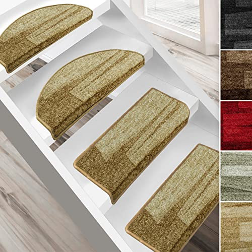 casa pura Stufenmatten innen selbstklebend halbrund beige 15 Stück Treppenstufen Matten 65 x 23,5cm, modernes Design Stufenteppich (Via Veneto)