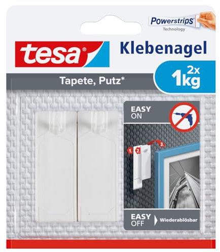 tesa Klebenagel für Tapeten und Putz 1kg - Selbstklebende Nägel für empfindliche Oberflächen - rückstandslos - Bis zu 1 kg Halteleistung pro Nagel - 2 Klebenägel