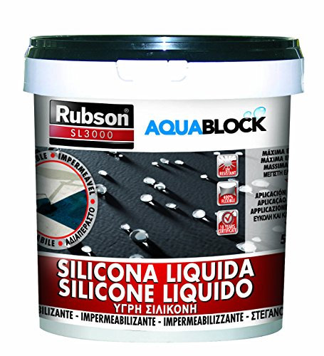 Rubson Aquablock Silicone Liquido SL3000, Facile e Sicuro da Usare, per Impermeabilizzazione e Riparazione di Tetti e Coperture Piani e Inclinati, Guaine, Fioriere, Nero, Secchio 5kg