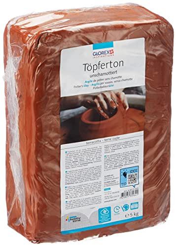 Glorex 6 8073 005 - Töpferton unschamottiert, 5 kg in terracotta, geschmeidig und leicht zu verarbeiten, ohne Schamottanteil, lufthärtend und brennbar, für Töpferscheibe geeignet, 22 x 15 x 7 cm