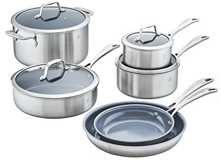 ZWILLING Spirit 3-ply 10-pc Stainless Steel Ceramic Nonstick Pots and Pans Set, Dutch Oven, Fry Pan