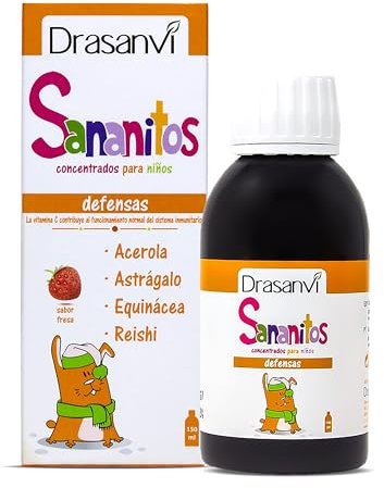 Drasanvi SANANITOS Defensas con Acerola, Astrágalo, Remolacha, Equinacea y Reishi | Vitaminas C, B6, B12 y Zinc | para el Sistema Inmunitario| con Lactoferrina,120 ml= 7 Días,Sabor Fresa