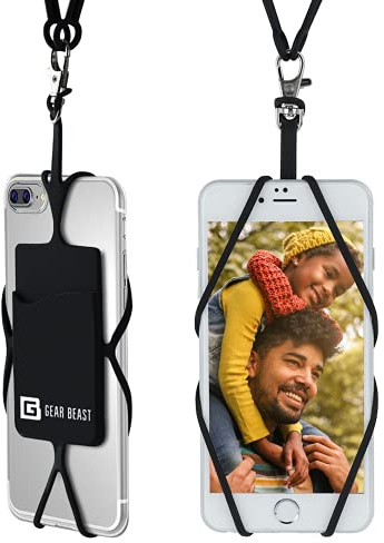 Gear Beast Cell Phone Lanyard - Universal Neck Phone Holder w/Card Pocket and Silicone Neck Strap (Black)