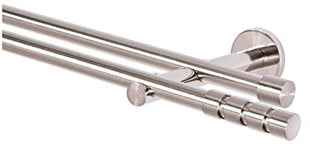MDEKOR Asta per tende a 2 binari, 160 cm, asta di passaggio, montaggio a parete, in acciaio inox, effetto spazzolato.