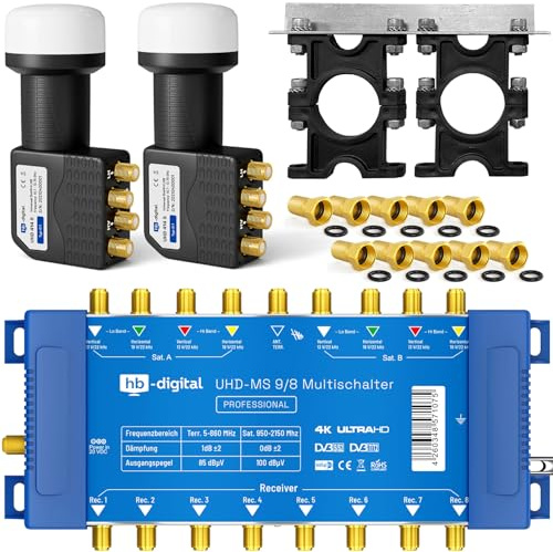 HB-DIGITAL Set: 2X Quattro LNB Schwarz (Test: SEHR GUT) + Multischalter pmse 9/8 9X Satellit und bis zu 8 x Teilnehmer/Receiver für Full HDTV 3D 4K UHD mit Netzteil + 30 Vergoldete F-Stecker
