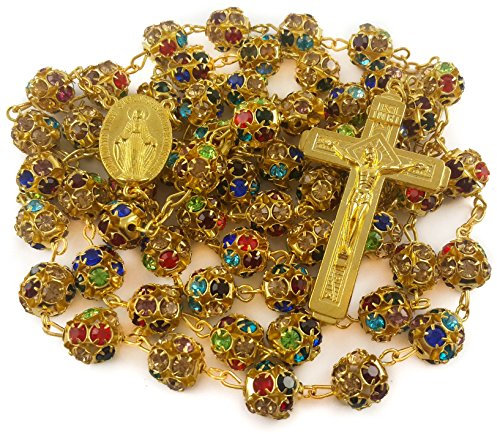 Nazareth Store Mehrfarbige Kristall-Zirkon-Perlen, goldener Rosenkranz, katholische bunte Perlenkette mit wundersamem Medaillenkreuz