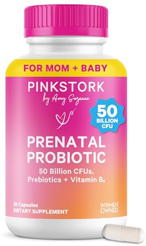 Pink Stork Prenatal Probiotic for Women with 50 Billion CFU | Vitamin B6 & Prebiotics | Pregnancy Probiotics for Morning Sickness | Digestive, Immune, & Gut Health | Vegan & Gluten-Free | 30 Capsules