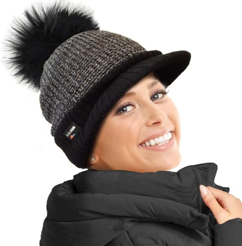 RockJock Ladies Warm Fleece Lined Knitted Peaked Beanie Baseball Cap with Detachable Faux Fur Pompom- wear with or Without Black