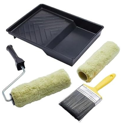 ProDec 9 inch x 1.75 5 piece Twin Masonry Paint Roller, Frame, 4 Brush and Tray Set, Heavy Duty Paint Roller Set for Painting with Smooth and Textured Masonry Paints on Exterior Walls, 9
