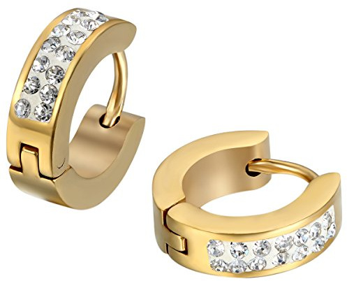 JewelryWe Bijoux 4mm Boucles d'oreilles Anneaux à Charnière Faux Diamant Bling Bling Acier Inoxydable pour Homme et Femme Couleur Argent Avec Sac Cadeau
