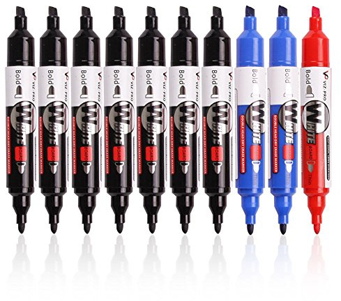 VIZ-PRO Double Head Dry Erase Markers, Round tip/Chisel tip, 3 Colored Markers,10-Count