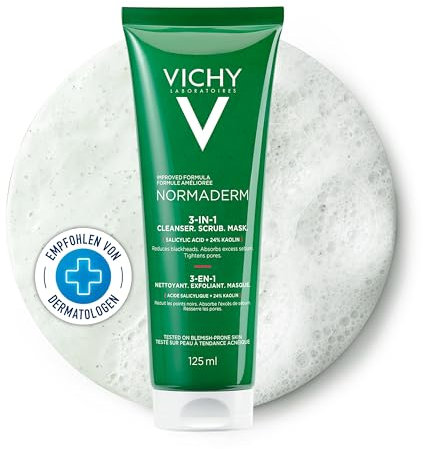 Vichy Normaderm, Crema Detergente e Maschera Esfoliante 3 in 1, Per Tutti i Tipi di Pelle, Lenisce, Deterge e Illumina il Viso, Con il 25% di Argilla, 125 ml