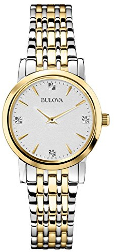 Bulova Ladies' Classic Diamond Dial Two-Tone Stainless Steel 3-Hand Quartz Watch, Silver-White Dial Style: 98P115