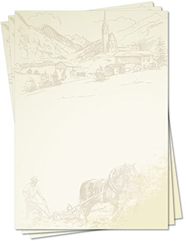 Motiv Briefpapier (Dorf-5129, DIN A4, 100 Blatt) Dorfzeichnung Malerei Bauernhof Motivpapier Bauer Feld Acker Pferde pflügen Kirche Häuser Zeichnung Malerei Landwirtschaft Gehöft