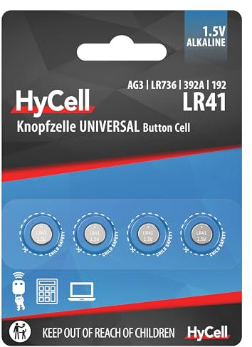 HyCell Alkaline Knopfzellen LR41 1,5V, 4 Stück, AG3 GP192 L736, lange haltbar, für Taschenrechner, Spielzeug, Uhr