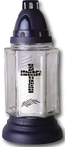 Lumino in vetro con base, candela per cimitero, lumino 6 angoli, Vetro, brava - weiß, inkl. Kerze 40h + 5x Ersatz 50h