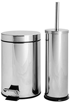 Harbour Housewares 3L Bathroom Bin & Brush Set - Chrome - 2pc Round Stainless Steel Pedal Bin & Toilet Brush Set Slim Small Trashcan for Kitchen Waste, Bathroom Rubbish
