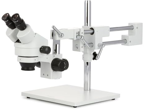 AmScope SM-4BX Professional Binocular Stereo Zoom Microscope, WH10x Eyepieces, 3.5X-45X Magnification, 0.7X-4.5X Zoom Objective, Ambient Lighting, Double-Arm Boom Stand, Includes 0.5x Barlow Lens