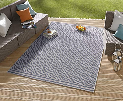 NORTHRUGS Alfombra para interior y exterior, rombo, 140 x 200 cm, resistente a la intemperie, moderna, diseño geométrico de rombos, para balcón, terraza, jardín, jardín, jardín, salón, impermeable, en azul y crema