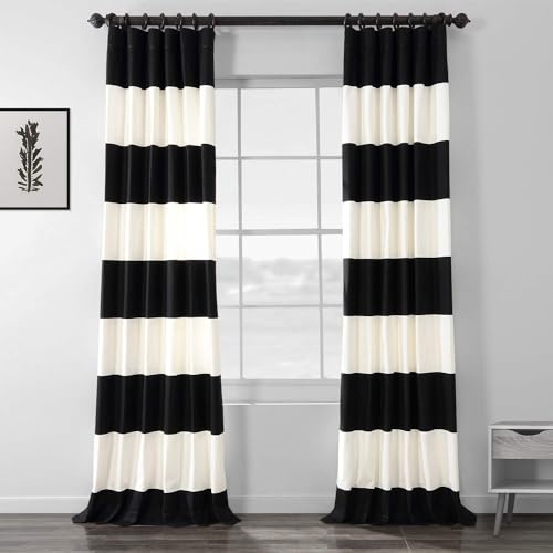 HPD Half Price Drapes Horizontal Striped Printed Curtains Cotton Curtains, 96 Inches Long (1 Panel) Room Darkening Window Curtains for Bedroom & Living Room, 50W x 96L, Black and Off White