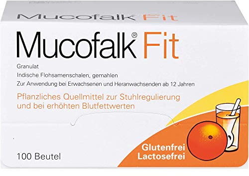 Mucofalk Fit, hochwertige Flohsamenschalen, Arzneimittel bei Darmbeschwerden wie z.B. chronischer Verstopfung, unterstützend zur Diät bei erhöhten Cholesterinwerten, mit Orangengeschmack, 100 St