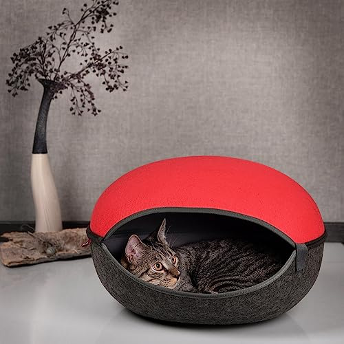 CanadianCat Company | Katzenhöhle, Katzennest in Rot anthrazit grau - das Katzenbett mit Stil Kuschelhöhle für Katzen