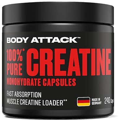 Body Attack Creatin Monohydrat 240 Kapseln - Made in Germany - hochwertiges mikrofeines Kreatin Monohydrat - hochdosierte Creatin Kapseln für die praktische Einnahme
