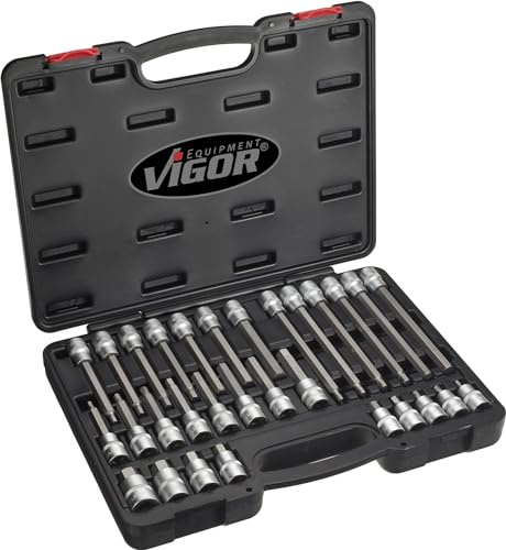 ViGOR Jeu de douilles de tournevis à six pans creux V1919 I Jeu de 30 outils, entraînement : carré 12,5 mm (1/2 pouce), ouverture de clé : 5 - 19 pour actionnement manuel dans un coffret d'outils