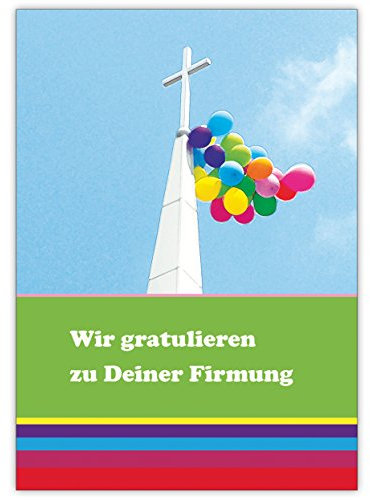 Kartenkaufrausch Fröhlich, bunter Glückwunsch zur Firmung mit Kreuz und Luftballons • hochwertige Grußkarte mit Umschlag als kleines Geschenk, für Geldgeschenke