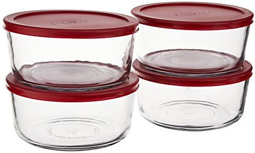 Anchor Hocking 7-Cup Round Food Storage Containers with Red Plastic Lids, Set of 4