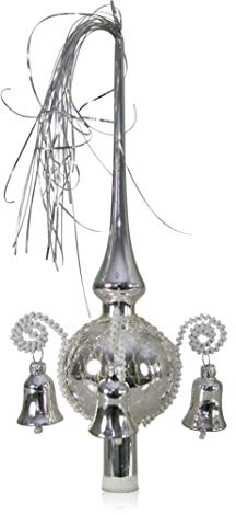 Lauschaer Glas Weihnachtsbaumspitze mit Glöckchen Silber, umsponnen L ca. 28cm d(Kugel) 7cm Christbaumschmuckspitze mundgeblasen,handdekoriert,Leonischer Draht