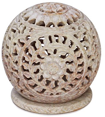 Soapstone Tealight Holder with Flower Motifs and Intricate Tendril Openwork - Decorative Home Decor Centrepiece for Party Lights