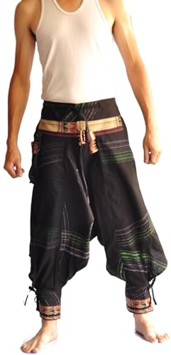 Siam Trendy Men's Samurai Pants One Size Painting Design Thai Pants Hakama Pants Japanese Clothes Harem Pants Harem Pants Men Japanese Clothes Japanese Fashion Thai Fisherman Men Thai Pants Black