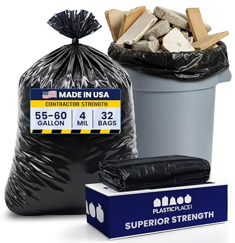 Plasticplace 55 Gallon Contractor Bags, Black, 38'' x 58'', 4 Mil, 32/Case