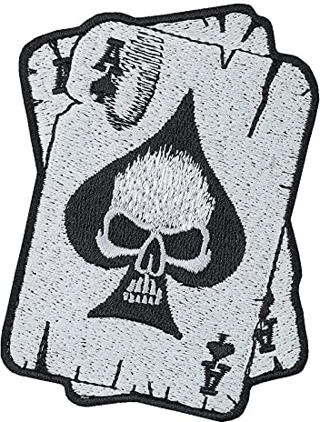 Biker Patch: Pokerkarten - Heavy Metal Aufnäher Totenkopf Bestickt - Rocker Geschenk - 2 Aces Aufbügler Motorrad Applikation für Shirt/Jacke/Weste/Kutten - 90x70mm