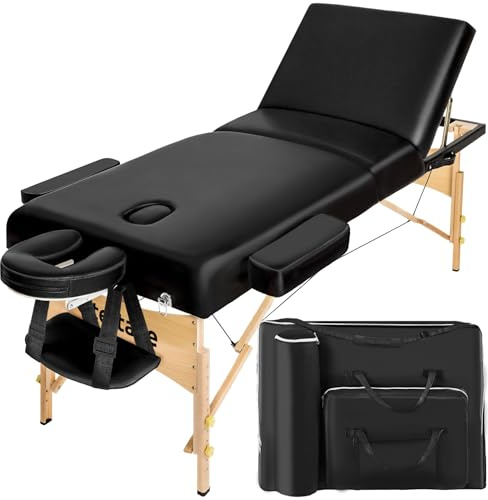 tectake® Lettino da Massaggio a 3 Zone, Struttura Robusta, Imbottitura 10 cm, Regolabile, Lettino Massaggio Portatile, Letto Massaggio Pieghevole con Borsa per Trasporto Inclusa - Nero