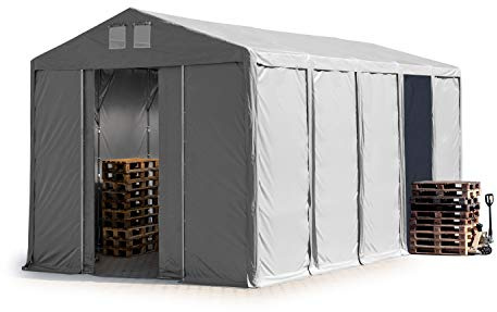 TOOLPORT Tente de Stockage Industriel Hangar 5x10 m à 3,6 mètres de Hauteur de côté avec bâches en PVC 850 N Gris imperméable avec Porte coulissante
