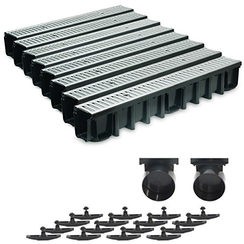 8m Entwässerungsrinne Terrassenrinne Stahlrost verzinkt komplett SET, System A15 148mm, inkl. Zubehör