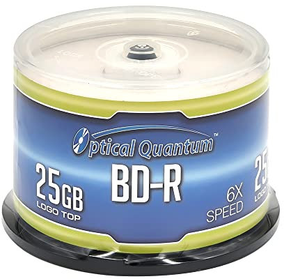 Optical Quantum OQBDR06LT-50 6X 25GB BD-R Single Layer Blu-Ray Recordable Blank Media Logo Top, 50-Disc Spindle