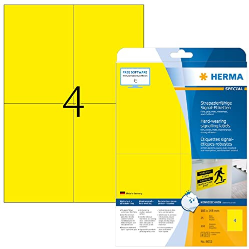 HERMA 8032 Wetterfeste Folienetiketten, 25 Blatt, 105 x 148 mm, 4 pro A4 Bogen, 100 Stück, selbstklebend, bedruckbar, matt, blanko Outdoor Signal-Etiketten Aufkleber aus Folie, gelb