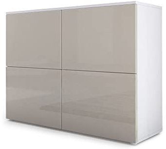 Vladon Sideboard Rova, Made in Germany, Kommode mit 4 Türen, Weiß matt/Sandgrau Hochglanz (92 x 72 x 35 cm)