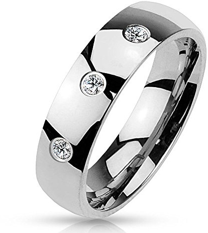 Bungsa 64 (20.4) Ring Stein Damen mit 3 gefassten Kristallen Edelstahl hochglanzpoliert silber Herrenring (Fingerring Partnerringe Verlobungsringe Trauringe Damenring Edelstahlring Chirurgenstahl)