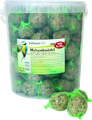 Erdtmanns Meisenknödel mit Netz 100 Stück im Eimer – Wildvogelfutter mit Getreideflocken & Sonnenblumenkernen – für Ganzjahresfütterung – geeignet für Meisen & Co. – wiederverwendbar