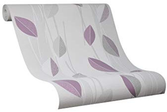 Vliestapete mit Blumen Weiß Lila Tapete mit BlätterModern Natur Für Schlafzimmer Wohnzimmer oder Küche Made in Germany 10,05 m x 0,53m -Novamur