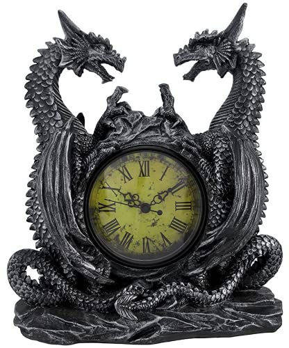 DWK Twin Evil Dragons Antiqued Mantel Clock Table Desk