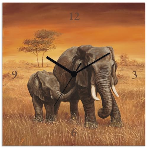 ARTLAND Wanduhr ohne Tickgeräusche Alu Funkuhr 30x30 cm Quadratisch Lautlos Afrika Elefant Tiere Safari Urlaub Kolonialstil T4JT