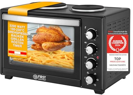 TZS First Austria - Minibackofen mit Kochplatten 45L 3200 W - Mini Backofen Pizzaofen mit Herdplatten bis 230°C & Antihaftbeschichtung - Miniofen Kombigerät mit 4 Einschubhöhen & hochwertigem Zubehör
